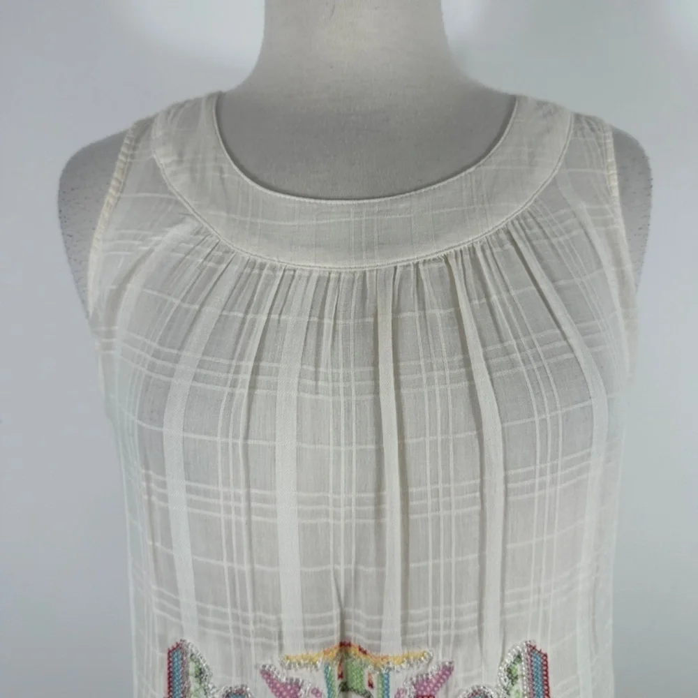 Y2K Da-Nang White Boho Sleeveless Cotton Embroidery Beaded Shift Dress Size S - Picture 7 of 15